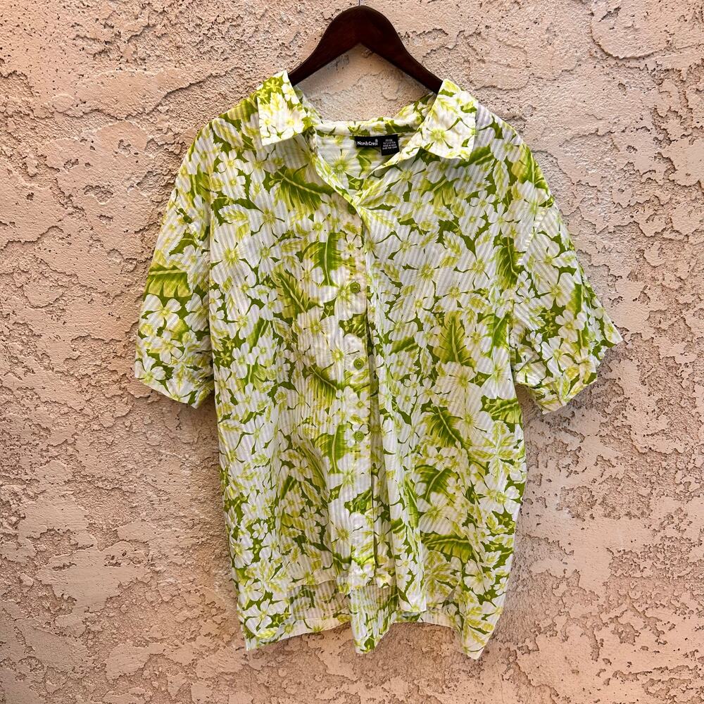 North Crest Tropical Floral Button Up Shirt Green White Cotton Size 22 24